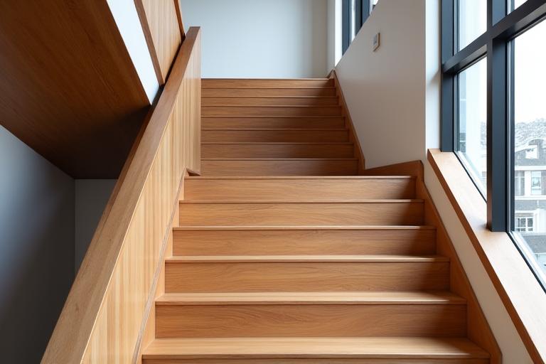 Durable, modern wooden staircase in a high-rise apartment building common area, designed for frequent use.